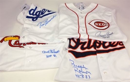 Lot of Four Hall of Famers Signed Jerseys (Lasorda, Bench, Gibson and B. Robinson)